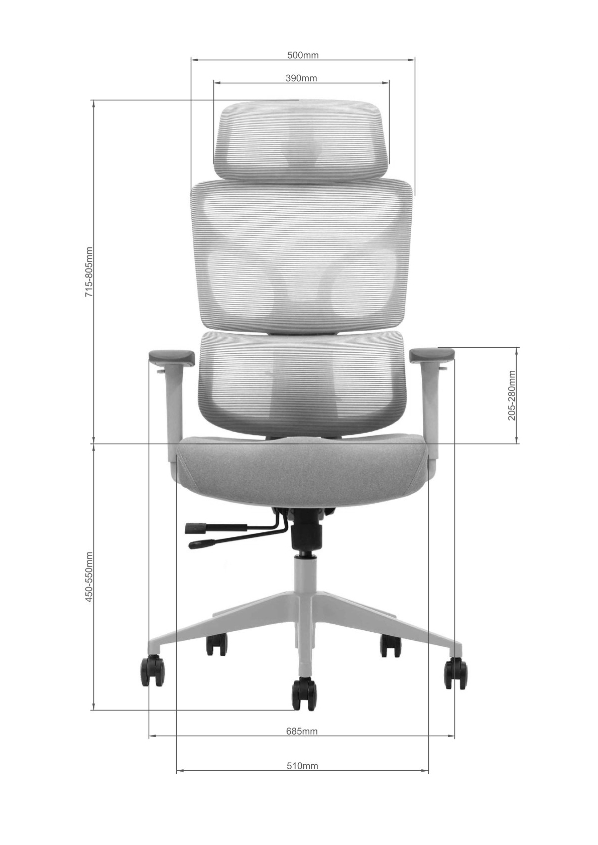 Wymiary fotela ERGONAUT BIONIC - widok przód